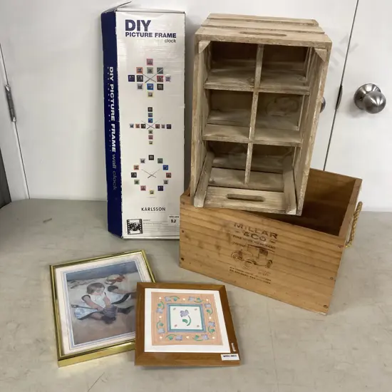 Karlsson Picture Frame Clock, Print, Ceramic Tile, Wooden Six Bottle Storage Box, Millar & Co Wine Box